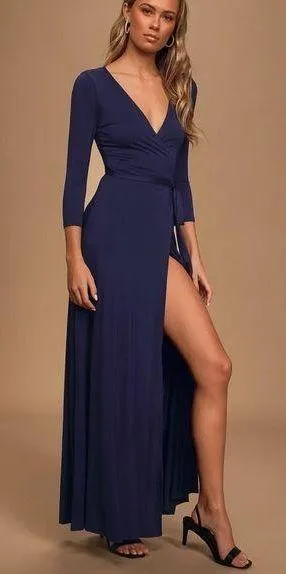 Lulu’s Lovely Navy Blue Gown Long Sleeve Maxi Dress Stretch Jersey S thumbnail 1