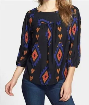Lucky Brand Amelia Geometric Print Peasant Top SZ Medium‎ Black Blue Boho​ Aztec thumbnail 1