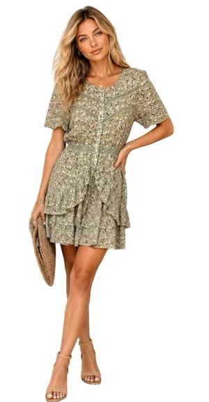 LoveRiche Boho Chic Women’s Sz M Ruffle Dress Mini Button Front Floral Crochet thumbnail 1