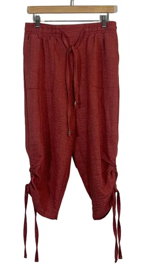 3rd + Malt Ruched Tie Hem Textured Cropped Jogger Pants Rust Red Size L thumbnail 1