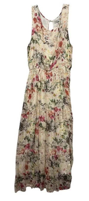 Lara G Italy Sleeveless Floral Silk Tiered Maxi Dress Keyhole Spring Garden L thumbnail 1
