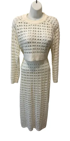 Boutique Crochet Knit Crop Top LS & Midi Pencil Skirt Ivory Open Weave Set Small thumbnail 1
