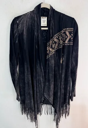 Vocal Cardigan Western Aztec Studded Fringe Women's Small Black Boho Biker USA thumbnail 1