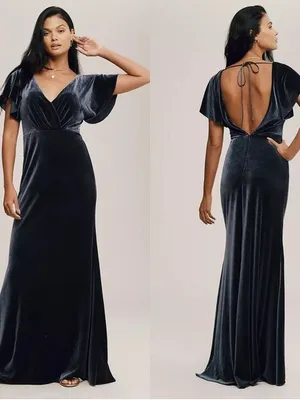 BHLDN Anthropologie Jenny Yoo Ellis Flutter Sleeve Blue Velvet Maxi Gown Dress thumbnail 2