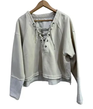 We The Free Lace Up Sweatshirt Cream Raw Hem Distressed Pullover Sz S thumbnail 1