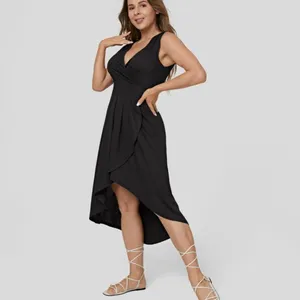 Halara Deep V Neck High Low Crossover Hem Midi Dress Black Large NWT thumbnail 16