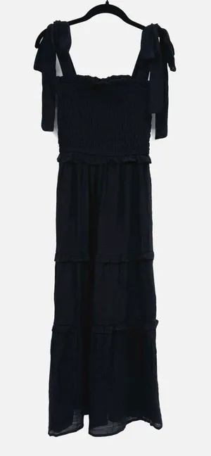 Love Tree Smocked Tie Strap Tiered Maxi Dress Black Boho Cottagecore Festival SM thumbnail 1