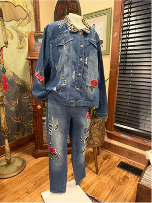 K Jordan 2pc Denim Set Plus Sz 3X Jacket 24W Jeans Leopard Rose Distressed Queen thumbnail 4