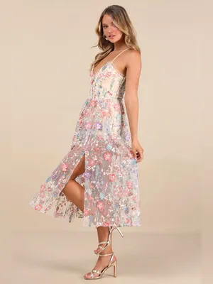 Lulu's Mahryn Beige 3D Floral Embroidered Midi Bodysuit Dress thumbnail 3