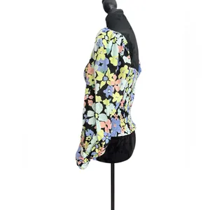 Free People Smocked Floral Puff Sleeve Top‎ XS – Square Neck Black Multicolor thumbnail 8