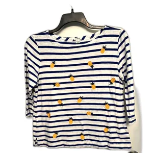 J.Crew Pineapple Stripe Top L Blue White Nautical Embroidered Cotton Shirt thumbnail 3