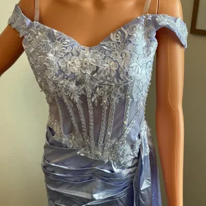 Lavender Lace Corset Formal Gown Off Shoulder Satin Dress thumbnail 5