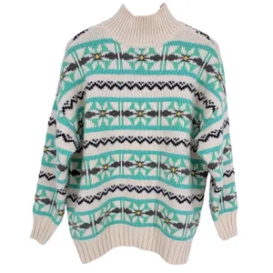 American Eagle Fair Isle Snowflake Sweater Womens‎ Small Teal Cream Knit Boho thumbnail 3
