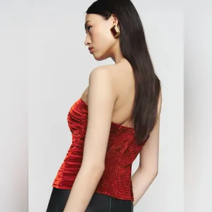 Reformation Addie Ruched Smocked Strapless Velvet Top in Blood Orange Size 4‎ thumbnail 6