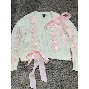 Women’s Ivory Chunky Cable Knit Sweater Pink Ribbon Bow Oversized Himekaji L thumbnail 4