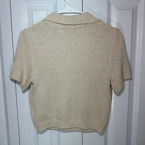 Free People Polo‎ Nolan Sweater XS Beige Short Sleeve V-Neck Cropped Coastal thumbnail 5