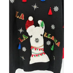 Holiday Time Christmas Sweater Women 2X Black Llama Tunic Tassels Sequin Fuzzy thumbnail 3