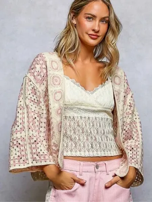 NEW POL Pink Open Front Boho Granny Square Cardigan One Size thumbnail 1
