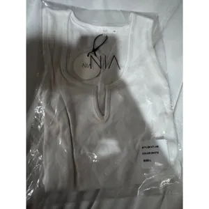 NIA The Brand Essential Hacci Tank White Ribbed Notched Crop‎ Top Large NWT thumbnail 5