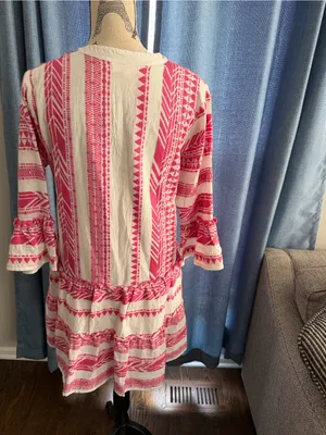 THML Pink & White Embroidered Tiered V-Neck Dress size-S thumbnail 4