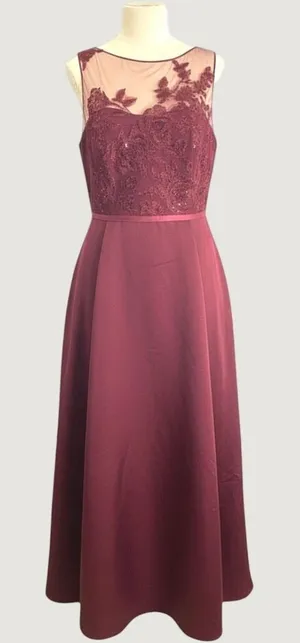 Oleg Cassini Burgundy Lace Illusion Bodice Formal Evening Gala Gown Dress 14 thumbnail 1