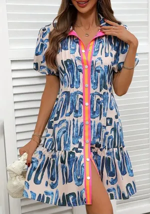 Abstract Blue Print Midi Dress with Pink Trim thumbnail 1