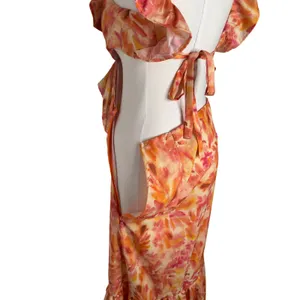 Micas Floral Ruffle Cut Out Maxi Dress Orange Pink Watercolor Size M NWT thumbnail 6