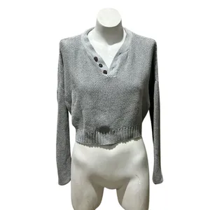 LA Hearts Women's Gray Cropped Henley Sweater Size S Casual Fall thumbnail 4