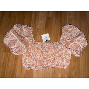 By The River Boho Cottage Core Floral Puff Sleeve Crop Top Pink Tan Small thumbnail 5