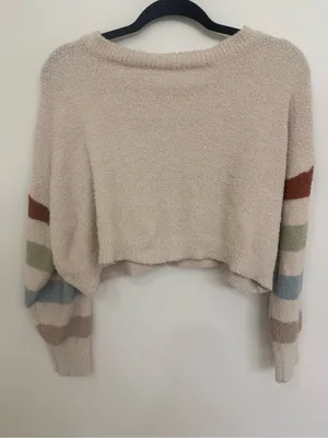 Altar’d State Cozy Cream Cropped Sweater with Multi-Color Sleeve Stripes thumbnail 1
