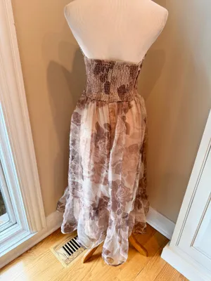 Storia Strapless Dress Brown Tan Floral Sheer Overlay Ruffle Hem S Wedding Tulle thumbnail 4