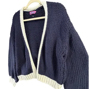 Edikted Contrast Chunky Knit Cardigan Womens XS/S Navy Ivory Oversized Cozy thumbnail 4