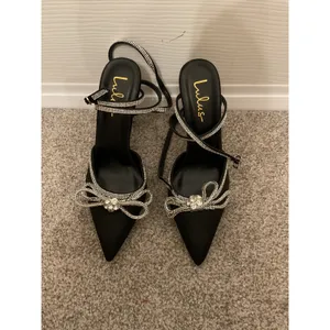 NWOT Lulus Lullie Black Rhinestone Bow Ankle Wrap Stiletto Heels Pumps Glam, 8 thumbnail 4