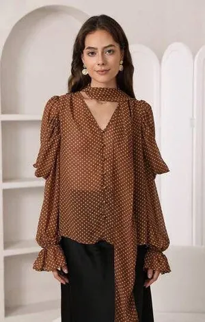 Revolve Acler Swansea Puff-Sleeve Polka-Dot Georgette Tie-Neck Top. Size 6 thumbnail 5