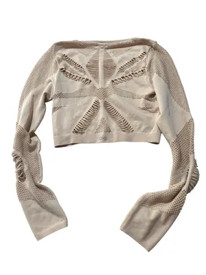 Alo yoga size large pink Cropped Open-Knit Long Sleeve Top in Light Blush thumbnail 10
