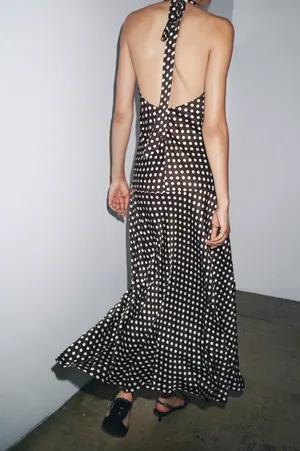 Zara Elegant Brown and White Polka Dot Halter maxi flowy Dress thumbnail 13