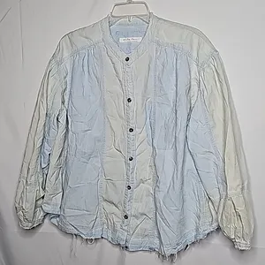Free People We The Free Set Sail Indigo combo denim distressed raw hem shirt Sm thumbnail 1