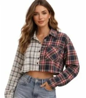 RSQ Plaid Colorblock Cropped Long Sleeves Shirt Size XS Junior thumbnail 1