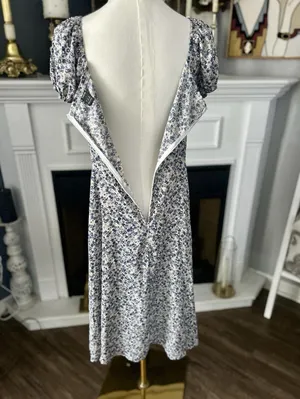 SHEIN Puff Sleeve Floral Blue & White Midi Dress For Women Size Large thumbnail 4