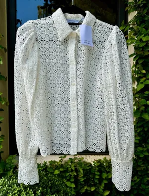 & Other Stories White Crochet Lace Button-Up Puff Sleeve Top thumbnail 1