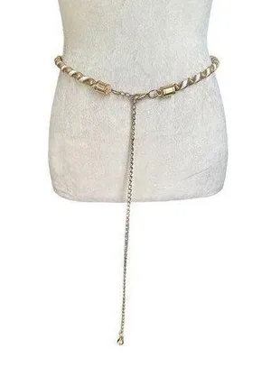 Gold & White Spiral Waist Chain Belt With Dangling Charm & Adjustable Clasp W27 thumbnail 1