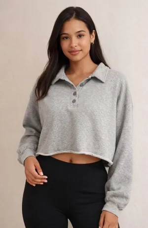 Aerie Size S Grey Cropped Henley Polo Sweatshirt thumbnail 1