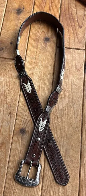 Brown Tooled Leather Belt with Silver Detailing thumbnail 1