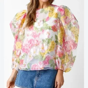 Olivaceous Bubble Sleeve Floral Top Size Medium‎ NWT thumbnail 1