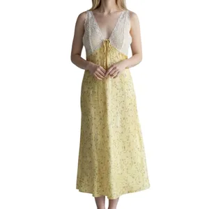 Kirious Los Angeles Yellow Floral Lace Trim Slip Dress Size‎ Large Side Slit NWT thumbnail 2