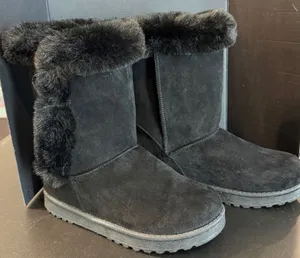 SO Womens 7.5 Abigail‎ Winter Boots Black Faux Suede Fur Trim Button Detail thumbnail 1