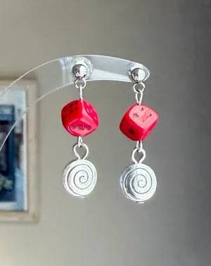 Handmade y2k funky unique red dice Czech glass & swirl dangle earrings ❤️🌀 thumbnail 1