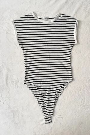 Zara Striped Black & White One-Piece Bodysuit thumbnail 1