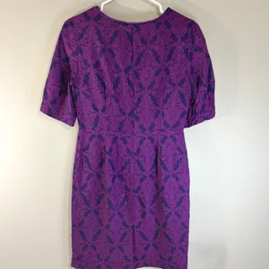 Banana Republic Purple Damask Silk Blend Sheath Dress Short‎ Puff Sleeve Size 4 thumbnail 3