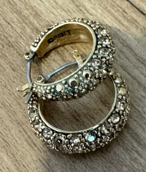 Monet Vintage Estate Gold Textured Pave Rhinestone Demi Hoop‎ Pierced Earrings thumbnail 1